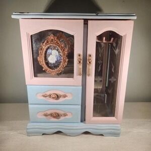 Light Pink & Blue Jewelry Box with Butterfly and Floral Design
